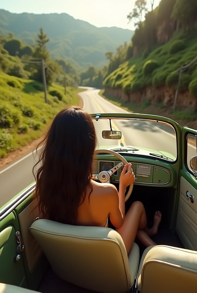 beautiful brazilian woman driving an old VW Beetle barefoot seen from behind's the car pedals