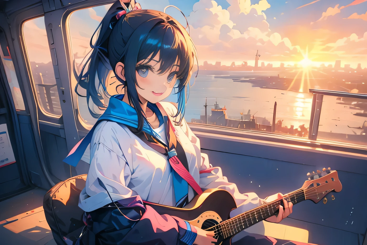 Indigo Twin Ponytail Girl，Wear a uniform，headset，Play the guitar and sing，Sit by the bridge，Smile of joy，Seagull，The Sunset Sun，Evening Light，and City