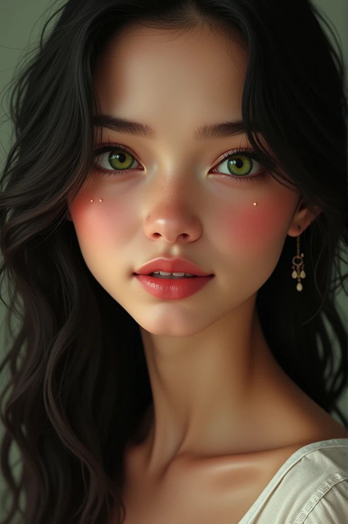 A woman of apparently 20 years old, with wavy black hair, Uma pele clara, clear green eyes, a beautiful smile with dimples, some freckles on her face