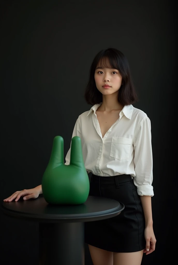 main item is a high ,black table displaying a very small green cude(size like a fist) with no shadow ,  
and a 16years old , BEAUTIFUL ,asian, with Bangs,white shirt,black short skirt, super huge boobs(34 E CUP) ,very white skin tone ager standing next to it 
and the whole body facing the camera
the back ground is a black wall
taking a realistic far view photo