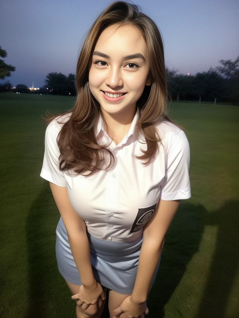 1girl, (uniform), standing, outdoors, night view, detailed Metropolitan city at the background, detailed face, little smile, detailed eyes, big breasts, smooth realistic skin, white shirt, grey blue miniskirt, looking at the audience, (8k, RAW photo, best quality, masterpiece: 1.2), (realistic, realistic: 1.37), ultra-high resolution