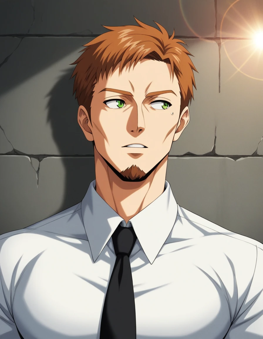 1man, man in black, vigorous mature, business hair with asymmetrical bangs, goatee, green platina blond hair, emerald eyes, BREAK 40yo, charming caucasian, slightly long chiseled face, deep set, angular jaw, facial wrinkles, crewcut, BREAK ideal ratio body proportions, middle weight muscular, beautiful detailed eyes, dark hero, best eyes, BREAK solo, funeral black suit, black necktie, white shirt, at wall street, detailed background, gloom, cool expression, natural standing, looking away, BREAK upperlegs, dramatic expression, in persona style, masculine comic art, 2010s, retro visual novel, in newest eroge style, dutch angle, cinematic shadows, cinematic lighting, lens flare, light leaks, texture, absurdres absolutely resolution, extreme all detailed, greatest painting, BREAK masterpiece, best quality, BREAK score_9, score_8_up, score_7_up, source_anime, rating_safe, score_6_up, score_5_up, score_4_up