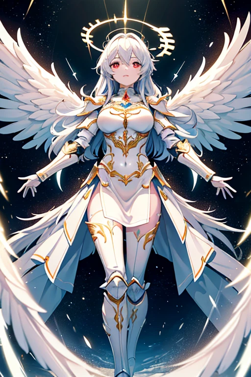 masterpiece, 8K wallpaper incorporating highly detailed CG, 8K Ultra HD, Digital SLR, high quality, clean, ((A goddess in white mechanical armor with large wings, godly aura, magic, fly in the sky)), Glowing Eyes, Cinema Lighting, 超High resolution, 超High resolution, High resolution,Huge golden halo