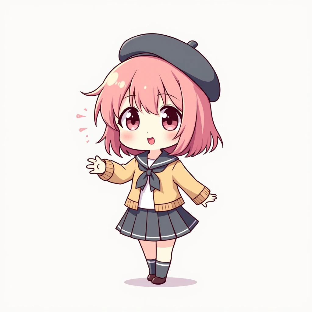 A chibi version of the emote drawn by thick black lines, Flat colorDifferent expressions of a short pink-haired girl in a beret，meme