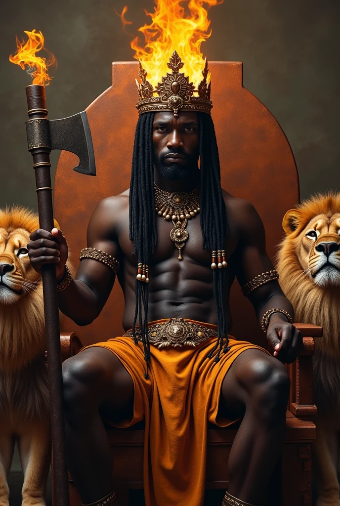 Black African man with thick lips, muscular, black hair braided with cowrie shells, wearing a crown of fire and a double axe in his hand, sitting on a copper throne with two lions at his side