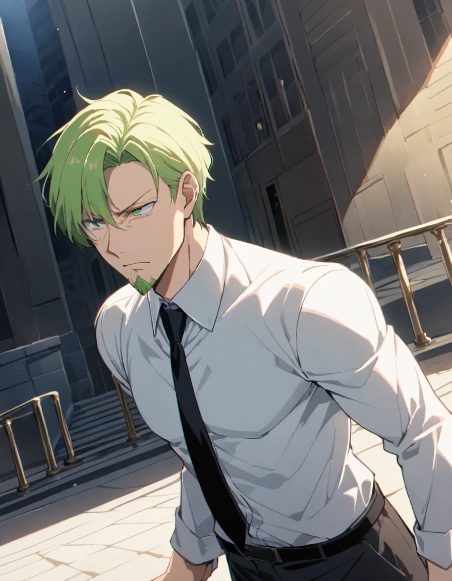 1man, man in black, vigorous mature, business hair with asymmetrical bangs, goatee, green platina blond hair, emerald eyes, BREAK 40yo, charming caucasian, slightly long chiseled face, deep set, angular jaw, facial wrinkles, crewcut, BREAK ideal ratio body proportions, middle weight muscular, beautiful detailed eyes, dark hero, best eyes, BREAK solo, funeral black suit, black necktie, white shirt, at wall street, detailed background, gloom, cool expression, natural standing, looking away, BREAK upperlegs, dramatic expression, in persona style, masculine comic art, 2010s, retro visual novel, in newest eroge style, dutch angle, cinematic shadows, cinematic lighting, lens flare, light leaks, texture, absurdres absolutely resolution, extreme all detailed, greatest painting, BREAK masterpiece, best quality, BREAK score_9, score_8_up, score_7_up, source_anime, rating_safe, score_6_up, score_5_up, score_4_up