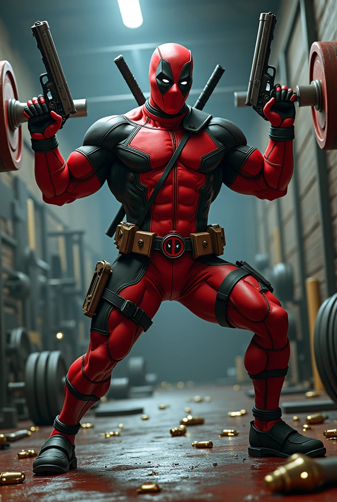 Create a Deadpool in the gym with a gun in one hand and aiming and the other holding a weight that looks strong and is sitting in a gym environment. , that Deadpool looks strong and aggressive and that Allan has bullet cartridges on the floor and it looks crazy and comical 
