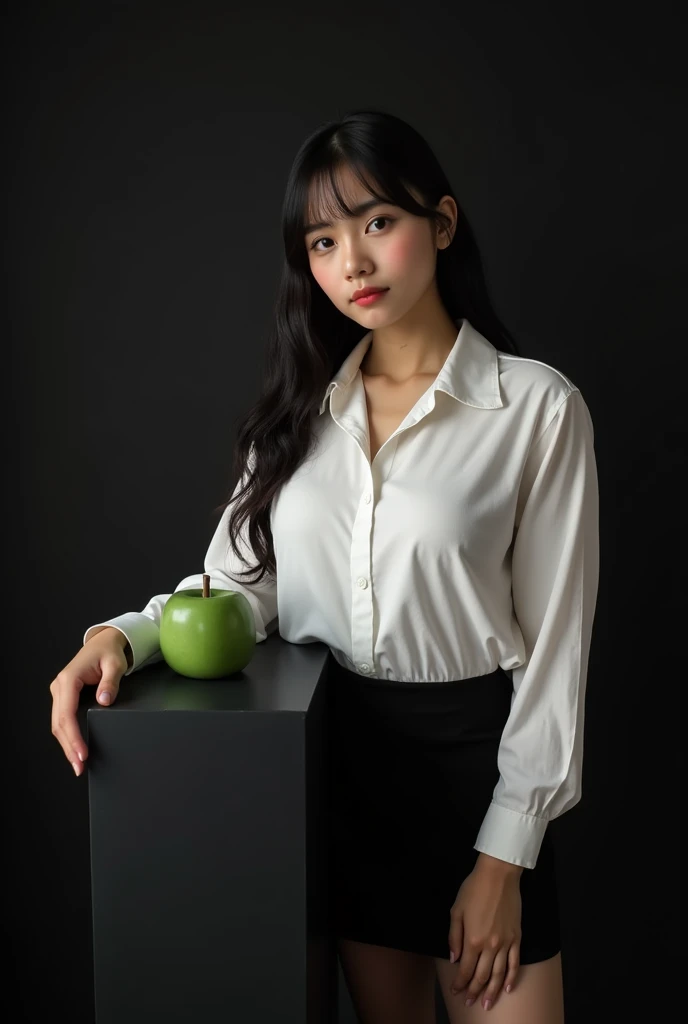 main item is a high ,black table displaying a very small green cude(size like a fist) with no shadow ,  
and a 16years old , BEAUTIFUL ,asian, with Bangs,white shirt,black short skirt, super huge boobs(34 E CUP) ,very white skin tone ager standing next to it 
and the whole body facing the camera
the back ground is a black wall
taking a realistic far view photo