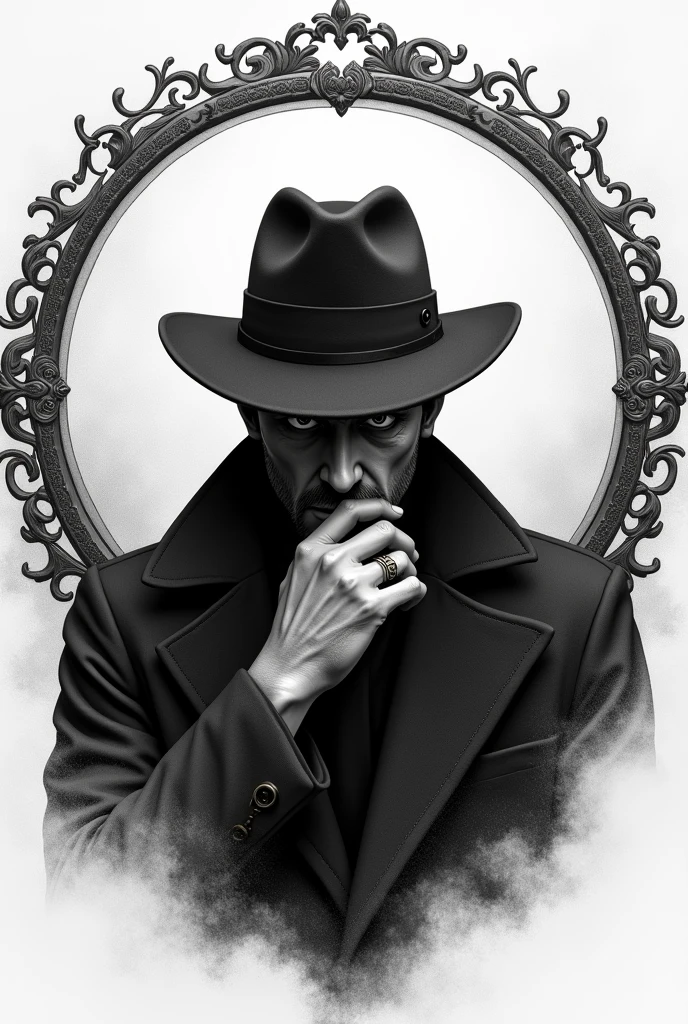 Semi realistic drawing of a Close shot of a Mistery detective man with a circle ornament frame surrounded him, front facing camera with head bowed and both hands on his chin, in black and white