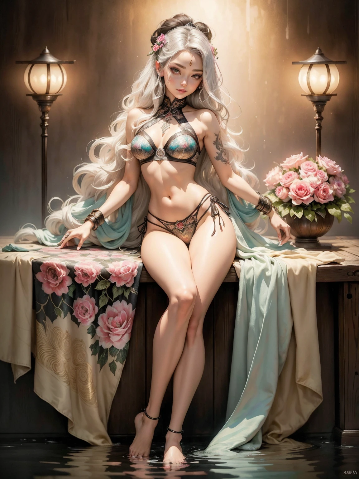 8k, (female:1.5), Elegant and Flexible (athletic build:1.5), emerald eyes (Vibrant:1.5), chestnut hair (AFFluent:1.5), copper silk, LeaF-shaped decorations, ultra HD, HDR, , details Intricate, Ultra-realism, luxurious atmosphere, IMAX, cinematic, awarded photo, intrikate, low opening (F1.2),erotism, medieval castle built into the mountain, night sky, Full moon, panties with pearls, wearing jeweled panties, breasts small, pose sexy, sexy erotic body, Full body, silver and gold bracelet, waterfall, Light bulb and latern , cinematic lighting, photorrealistic, 1 girl, 18 years old, (legs spread open), pink lips, well-lit, beautiFul and aesthetic: 1.2), (1 girl), extremely detaild, (fractal art: 1.3), colorFul, More Detailed, beautiFul goddess, caucasian girl with shiny silver hair, Full female body, wild waves, large waves, oriental mandala tattoos, transparent dresses and small panties, skin wet with water, Light bulb, latern, beautiFul girl with a slight smile, Forest, Flowers and roses, calcinha sexy tattoos oF mandalas and Flowers on the naked body, toes immersed in water, beautiFul goddess looking at the pond water, Front view, in panties with jewels, Fantasy, world oF The Lord oF the Rings, magie, tattoos oF mandalas and Flowers on your body, Front view, interior oF the temple Flooded with pond water, Greek column,three interlocking circles Form a work oF art, magieal circles, long hair mixed in water, surreal magieal dream, image rich in details, clearing, painting oil painting, red lipgloss stick , long hair mixed in water, surreal magieal dream, image rich in details, clearing, painting oil painting, red lipgloss stick , bra with pearls, wearing sexy panties, oil painting tattoo