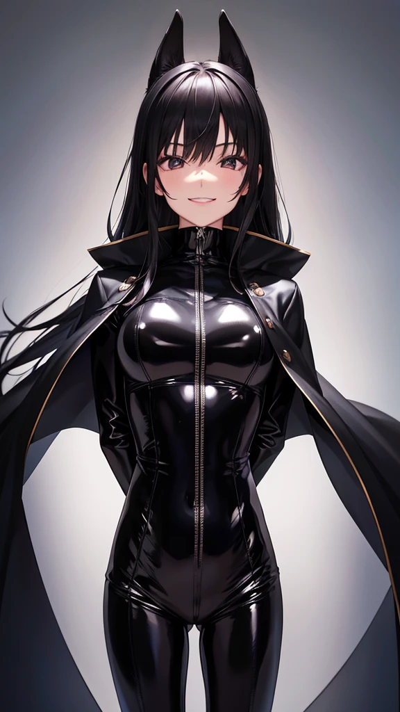  black haired female with sadistic smile wearing black shiny PVC bodysuit and black shiny PVC cape in high resolution, Highest quality, Shortcuts,look up