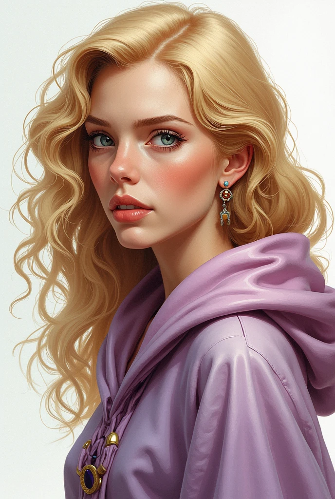 Fantasy art style, colorful drawing, character portrait, female human wizard, blonde curly hair, pastel wizard robes, focus on eyes