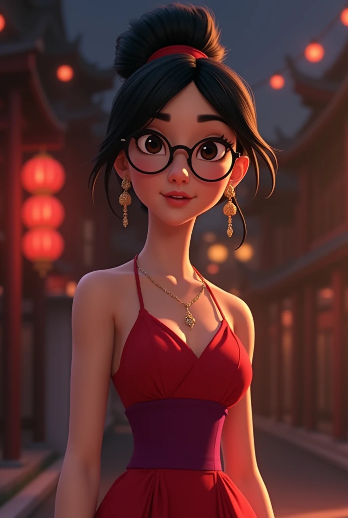 a beautiful young woman with a mohawk haircut, wearing a fashionable evening gown, night vision, wearing glasses, simple look, regular person, (best quality,4k,8k,highres,masterpiece:1.2),ultra-detailed,(realistic,photorealistic,photo-realistic:1.37),disney style,cartoon, princess Mulan
