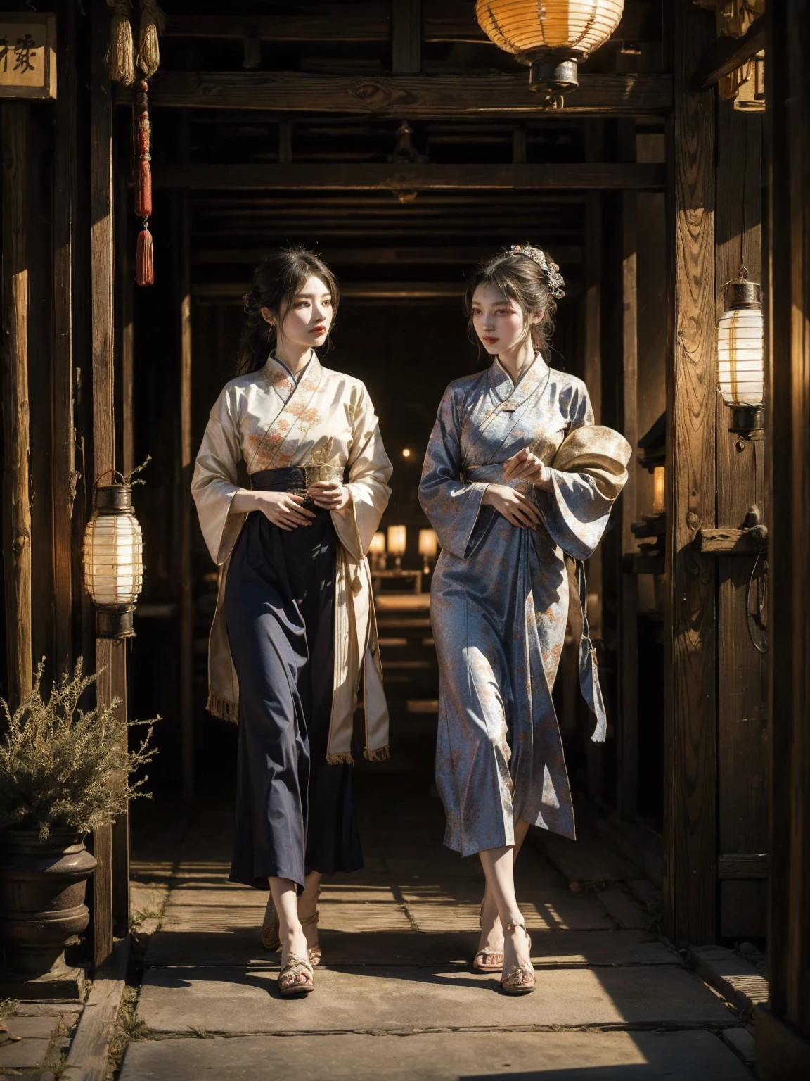The image depicts a scene full of cultural and artistic elements。it shows two women standing,Wear traditional clothing,suggests a historical or mythological background。the presence and overall aesthetic of the lanterns suggest an east asian environment,Consider the style of women's clothing,Maybe Chinese。Floral prints and swirls create a sense of movement and natural beauty,This may symbolize the short nature of life,This is a common theme in this type of artwork。The use of color and light is well thought out,Create a dreamlike atmosphere,Provoke people to think about the narrative or symbolic meaning of the image。