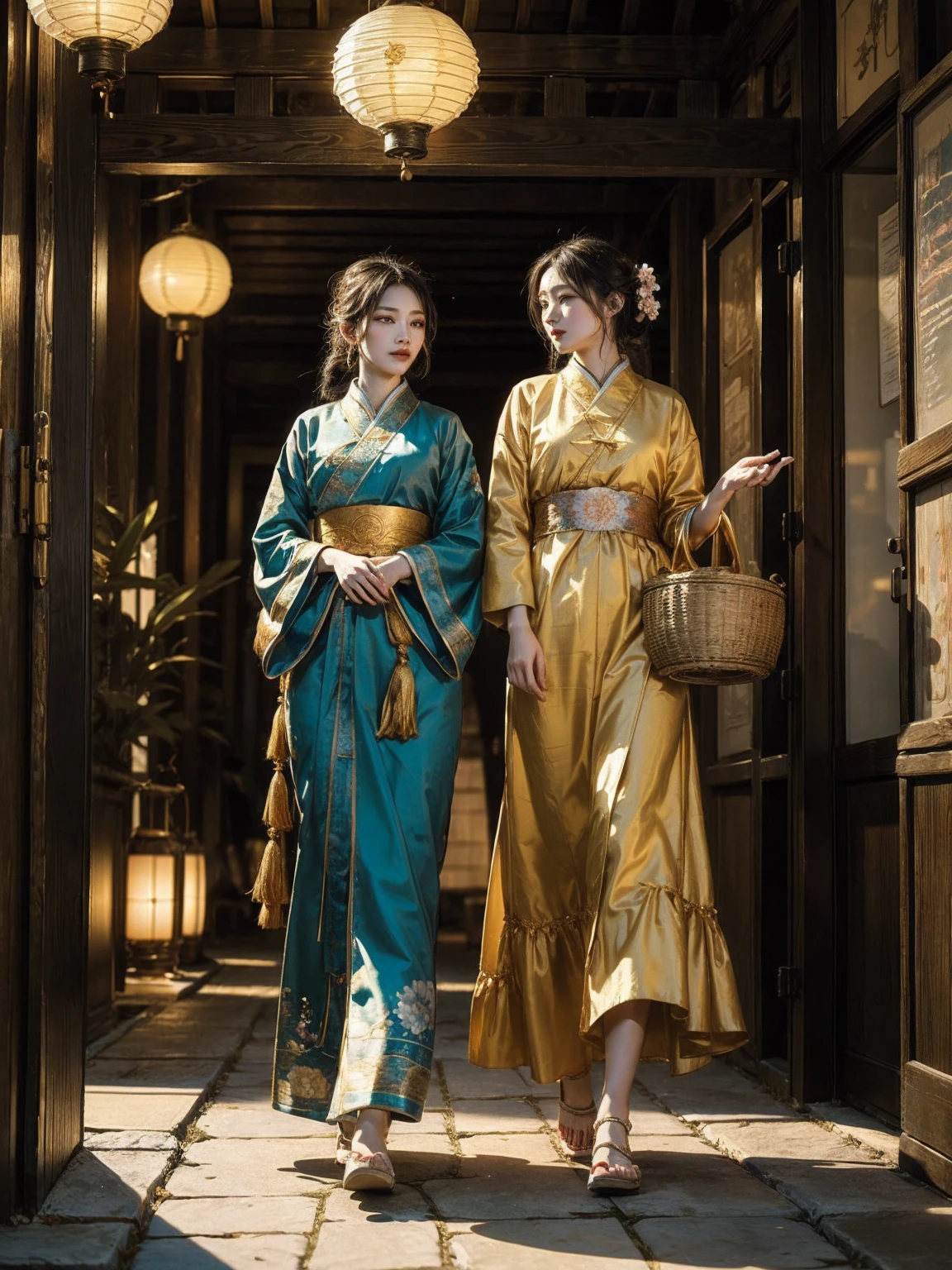 The image depicts a scene full of cultural and artistic elements。it shows two women standing,Wear traditional clothing,suggests a historical or mythological background。the presence and overall aesthetic of the lanterns suggest an east asian environment,Consider the style of women's clothing,Maybe Chinese。Floral prints and swirls create a sense of movement and natural beauty,This may symbolize the short nature of life,This is a common theme in this type of artwork。The use of color and light is well thought out,Create a dreamlike atmosphere,Provoke people to think about the narrative or symbolic meaning of the image。