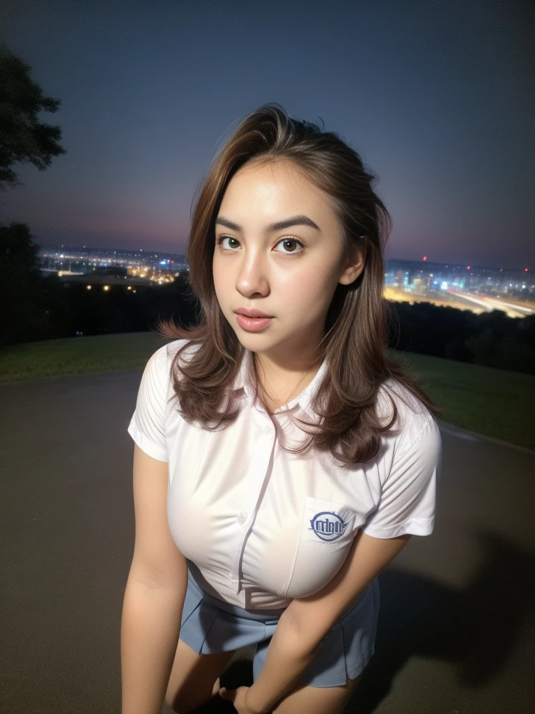 1girl, (uniform), standing, outdoors, night view, detailed Metropolitan city at the background, detailed face, detailed eyes, big breasts, smooth realistic skin, tide white shirt, grey blue miniskirt, looking at the audience, (8k, RAW photo, best quality, masterpiece: 1.2), (realistic, realistic: 1.37), ultra-high resolution