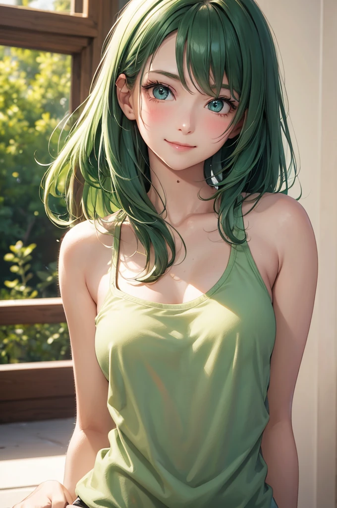 Best Quality,High resolution,8k,finelity detailed background,Masterpiece:1.2),beautiful girl,Shiny green hair,messy hair,Green Eyes,Gentle look,A refreshing look,smile,Best quality,Best Quality,Aesthetic and aesthetic:1.2,Best details((Super detailed))(High-definition CG illustrations),Tank top,Slender body,noon,room,smile,blush,cute,Scrounge,Looking up,Being spoiled,super model,focus face