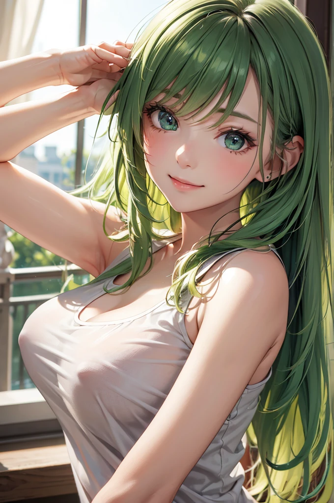 Best Quality,High resolution,8k,finelity detailed background,Masterpiece:1.2),beautiful girl,Shiny green hair,messy hair,Green Eyes,Gentle look,A refreshing look,smile,Best quality,Best Quality,Aesthetic and aesthetic:1.2,Best details((Super detailed))(High-definition CG illustrations),Tank top,Slender body,noon,room,smile,blush,cute,Scrounge,Looking up,Being spoiled,super model,focus face