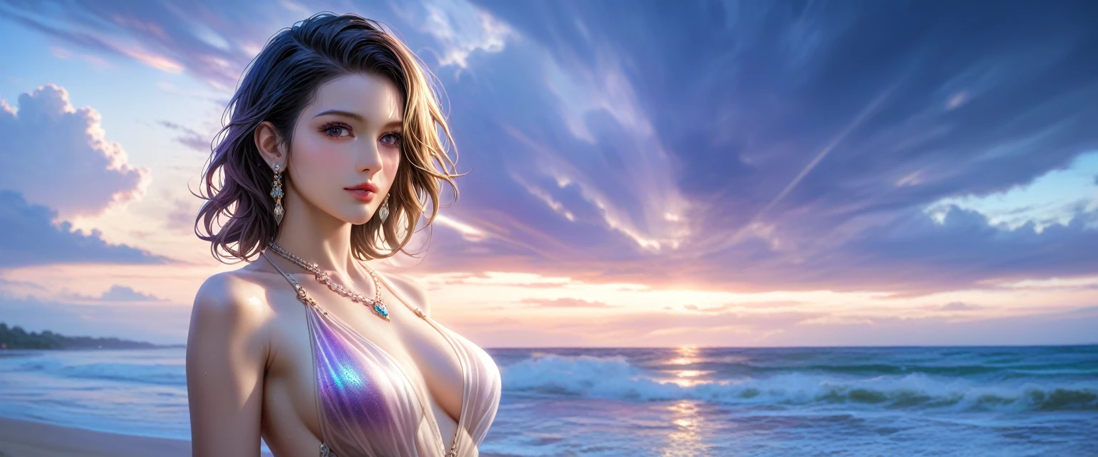 score_9, score_8_superior, score_7_superior, A masterpiece in 32K resolution,Highest quality,it is really amazing,Very detailed,Ultra-high resolution,Ultra-realistic,Realistic,Increased depth of field,Cinematic lighting,
Sexy mature Japan woman,
black straight medium hair,Ultra-detailed and beautiful face,Gentle expression,Translucent white skin,Realistic skin texture,
Elegant swimwear,
Elegant and luxurious design,Colorful color patterns,Beautifully detailed decoration,Detailed fabric texture,
Gorgeous necklace,Earrings,
Dark skies before the storm,Dark clouds covering the dark sky,Thunderclouds rolling in,Coastline at night,Stormy seas,delay々A desolate sandy beach that continues,
Dramatic Angle,