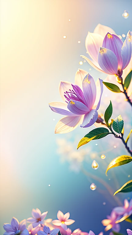 Branch of delicate lilac flowers, Ultra-transparent, holy Light, beautiful spectral Light, Petals Shine, Blink, Dark Background, drops of transparent Light, reflective Light, bright, Light streaming in, Optics, Portrait Profile, Sharp focus, Magic, Complex, Ultra-realistic, Fantasy, composition, Light, Art Station Trends, Pearl, Silvery steam guardian cloud, Caustic Enveloped Ray, 8k, ureal ar 23v4 upLight