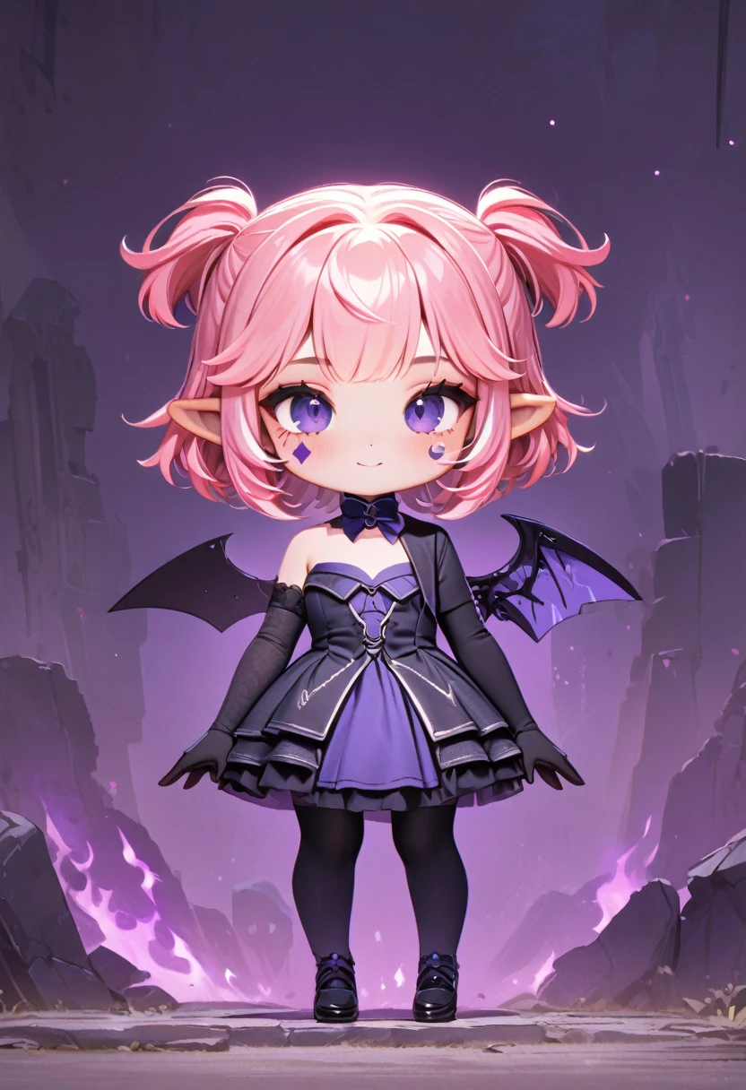 master piece, best quality, ultra-detailed, illustration, midnight, gloomy atmosphere, broken church, alter isle, broken walls, ruins, purple flames, 1girl, solo, chibi, (big head), cute pose, front view, looking at viewer, ((full body Close up)), chubby, fat, 1girl, solo, camilavtuber, ((pink hair)), (twin-tail hair), short hair, shoulder length hair, (black head wings:1.3), purple eyes, (facial mark), smiling, slim arms, black laced arm sleeves, black gloves ,small chest, (single back wing:1.4), tail, black wedding gown, slim legs, black laced stockings, black high heels, full body shot, close up, innocent pose, Eye-Level Shot, front view, innocent pose