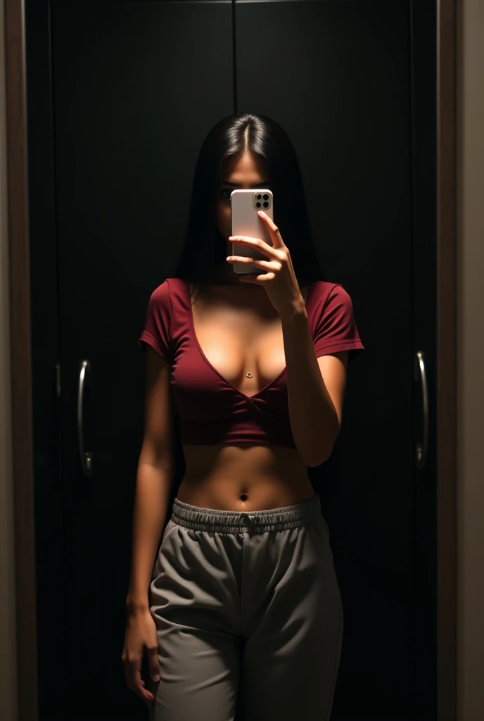 (photorealism:1.2), indian  girl, brown body, long black straight hair, perky breasts, brown nipples, teeny, topless, breats hidden with hair, taking mirror selfie, sides of mirror not visible, iphone, phone covers face, face hidden by phone, eyes hidden by phone, phone vertical, front facing, standing reluctantly, full body from head to toes, room, black wardrobe without any design in the background, wardrobe door closed, wardrobe kept parallel to mirror, sides of wardrobe hidden, sides of mirror hidden, very dark room, spotlight from top, grey trousers, maroon tshirt thrown on one hand