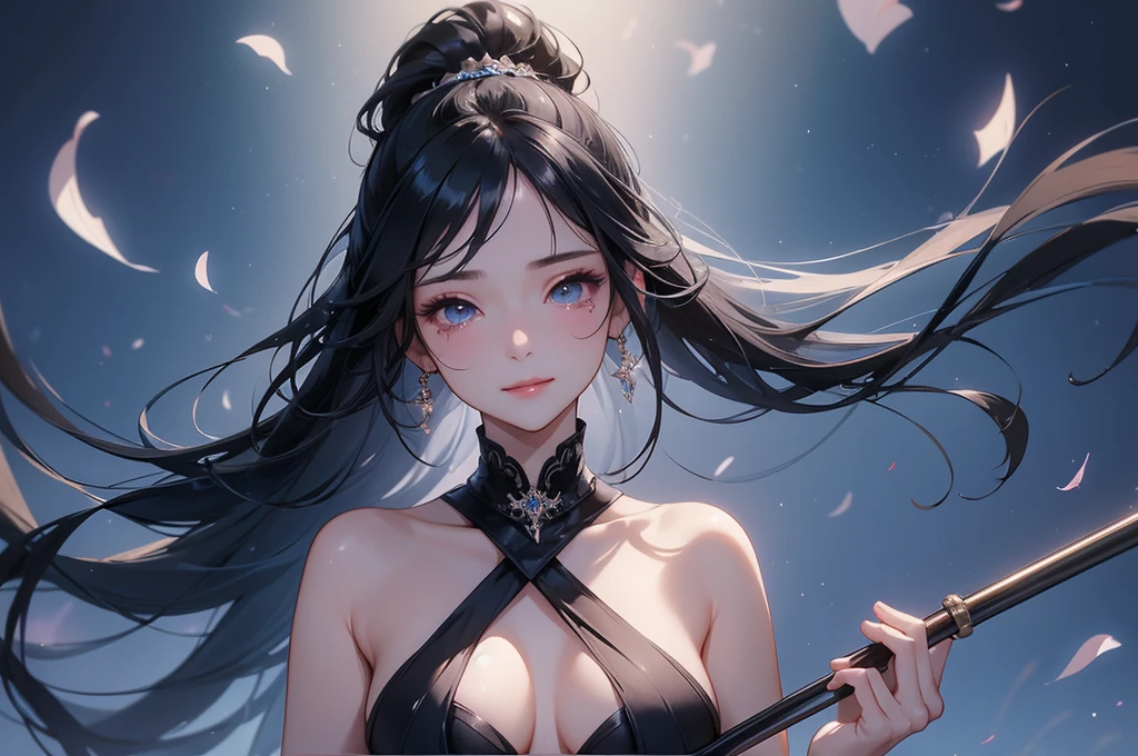 One beautiful girl、Dark blue negligee、Black Hair、High ponytail、Crying Mole、Gummy Smile、Air Archery、Beautiful breasts、dusk、super high quality、Final Resolution、Best assembly、Correct body structure、High angle