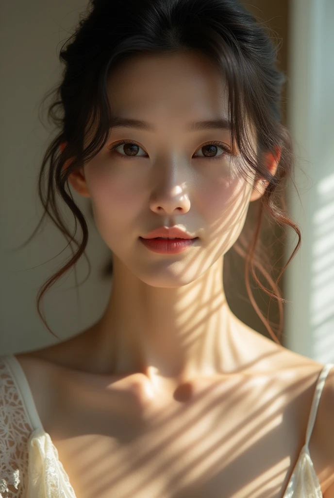 An elegantly dressed Japanese woman in natural light、A close-up of her chest and calm expression.、It shows her inner peace and outer charm.。