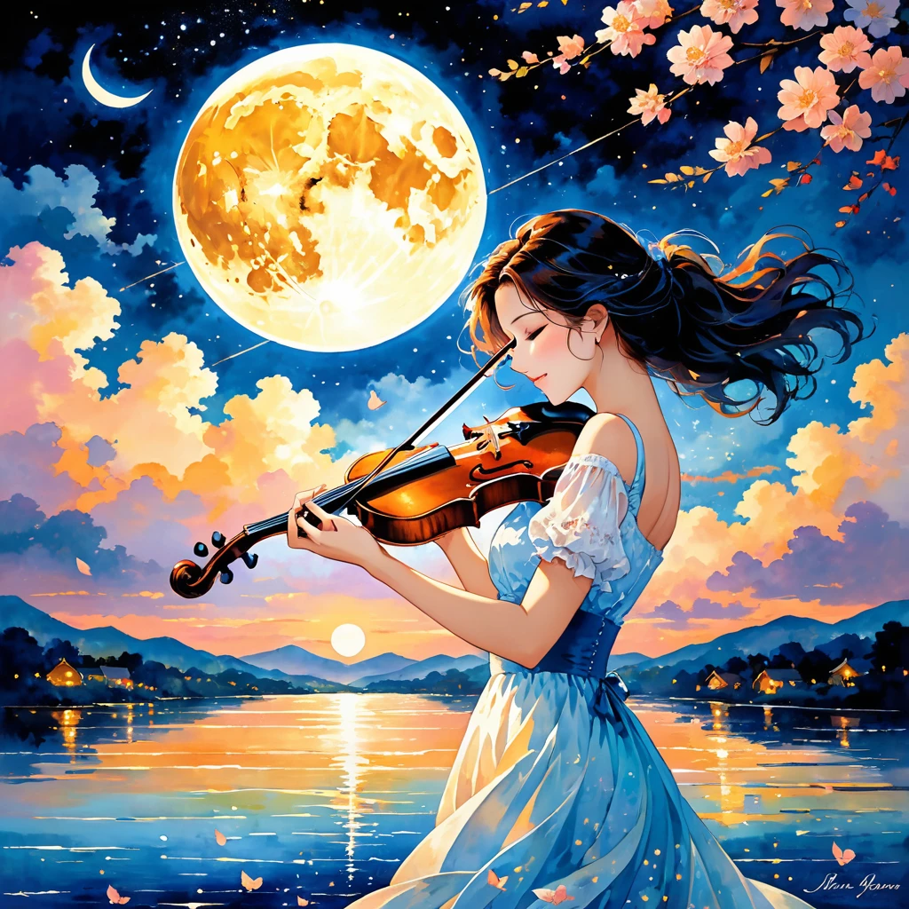 A romantic and emotional scene set under a night sky. A person is playing a violin, their fingers dancing gracefully on the strings. The moon is shining softly above, casting a gentle glow over the scene. The atmosphere is filled with a sense of nostalgia and passion, as the music seems to bring memories to life. The surrounding is serene and intimate, evoking a sense of deep connection and harmony between the person and their instrument, with the melody of love and longing resonating in the air