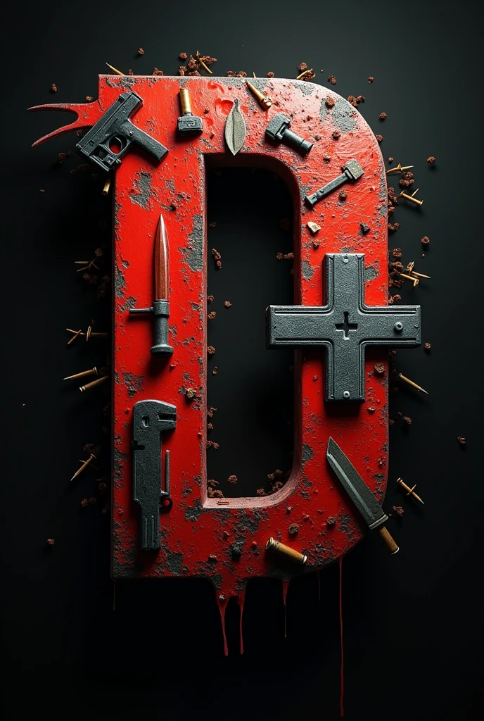 create a realistic emblem with the word D+ usando o tema do counter-strike, insert weapons, knives, Grenades and ammunition.