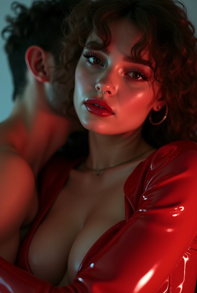 swedish woman, young, , very curly mullet, septum piercing, dimples, thick belt around neck, naughty expression, man choking woman, man holding woman in chokehold, man wrapping his arm around woman's neck, choking, transparent red shiny latex bodysuit, close-up, UHD, retina, masterpiece, accurate, anatomically correct, textured skin, super detail, high details, high quality, award winning, best quality, highres
