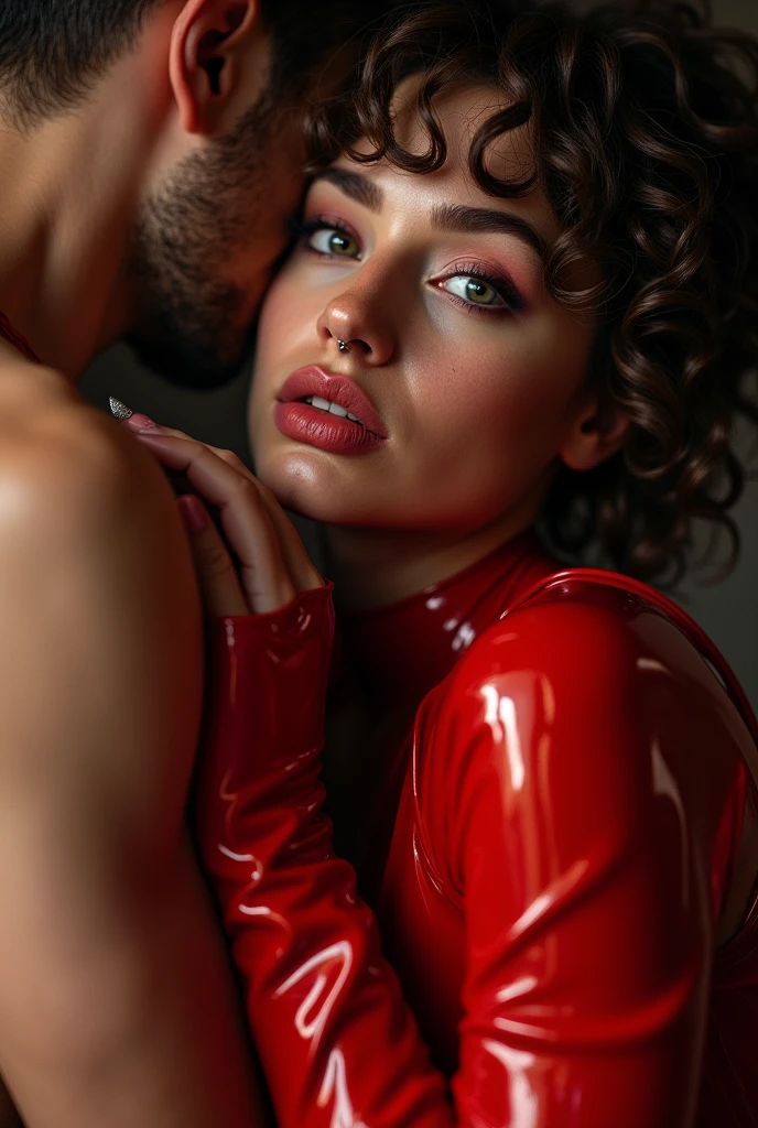 swedish woman, young, naked, very curly mullet, septum piercing, dimples, thick belt around neck, naughty expression, man choking woman, man holding woman in chokehold, man wrapping his arm around woman's neck, choking, transparent red shiny latex bodysuit, close-up, UHD, retina, masterpiece, accurate, anatomically correct, textured skin, super detail, high details, high quality, award winning, best quality, highres