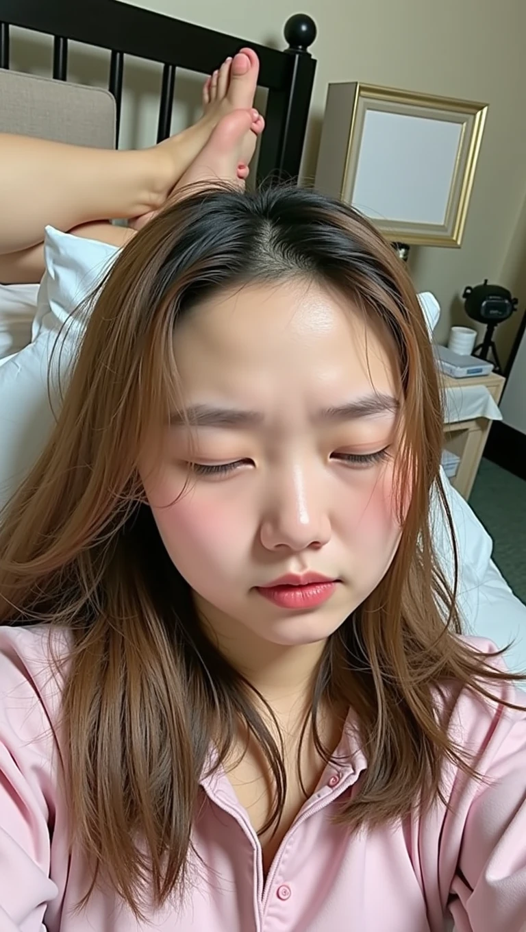 High resolution, high resolution, High resolution, masterpiece, 8k, Anatomically correct, sharp,
((Japanese, 25 years old, Beautiful female teacher)), One person, ((Facial wrinkles)), Shapely large round breasts, naked, Permed, straight, voluminous, long light brown hair parted to the right,
Chubby body type, (A face of pain with closed eyes and a small open mouth),
(((Lie on your back with your head on the bed sheets, With her legs spread wide, her crotch is completely visible,
micro white panties, cameltoe,))), oiled body, wet body,
General weakness , Barefoot, A composition that includes the whole body from directly above,,