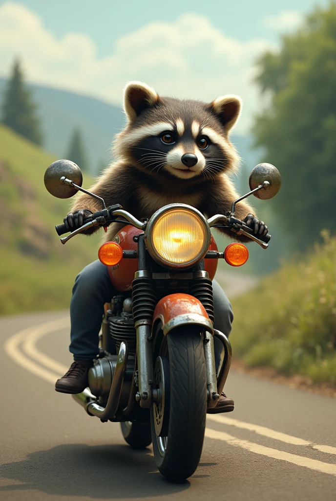 A raccoon riding an old Kawasaki motorcycle with turn signals