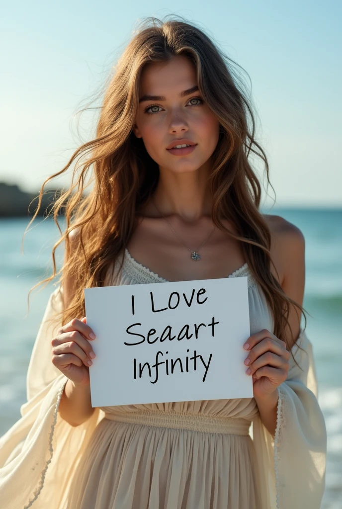 Beautiful girl with wavy long hair, bohemian dress, holding a white board with text "I Love Seaart Infinity" and showing it to the viewer