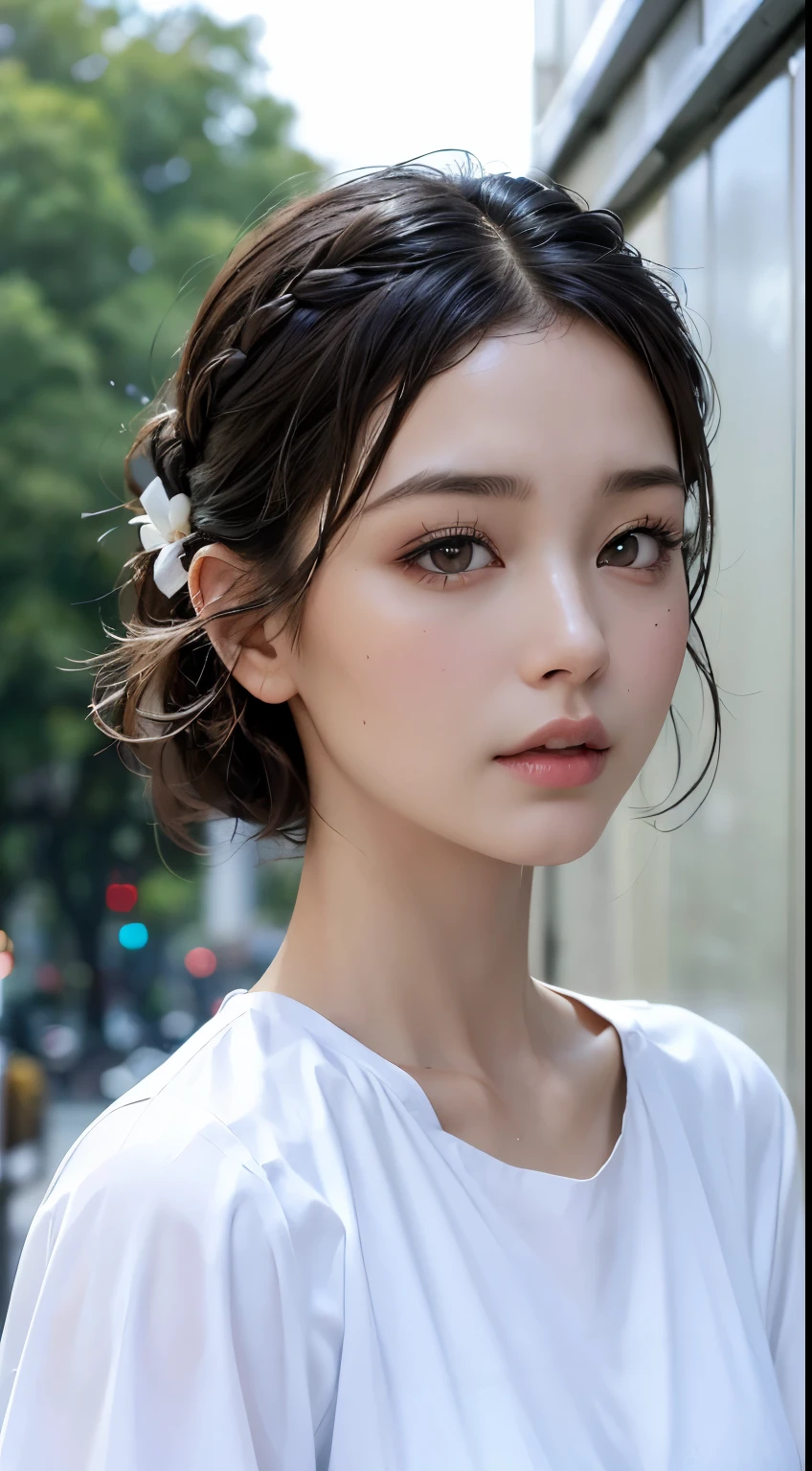 ((best quality, 8k, master part: 1.3)), sharp: 1.2, perfect body beauty: 1.4, slim abs: 1.2, ((layered hairstyle, chest: 1.2)), (wet white button long shirt: 1.1), wind, (rain, two: 1.2), wet: 1.5, Highly detailed texture of face and skin, thin eyes, double eyelid, Looking at the camera