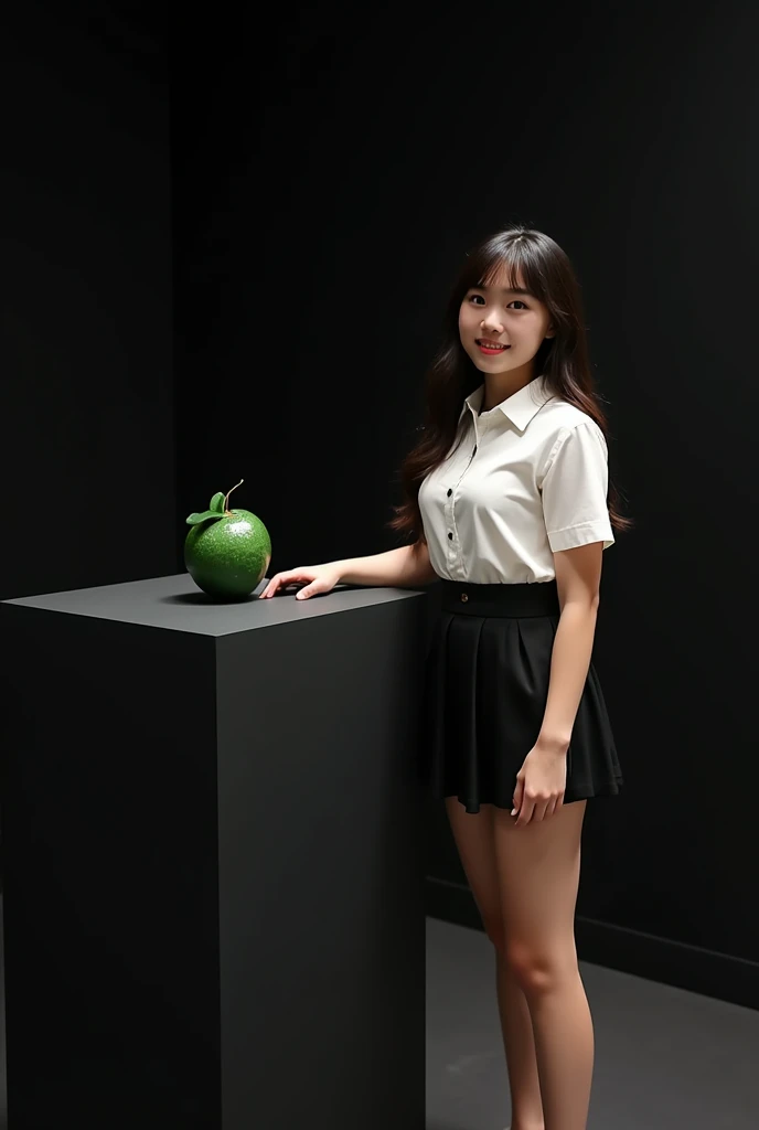 main item is a high ,black ,big table displaying a very small green cude(size like a fist) with no shadow ,
and a 16years old , BEAUTIFUL ,asian, with Bangs,white shirt,black short skirt, super huge boobs(34 E CUP) ,very white skin tone ager standing next to it
and the whole body facing the camera
the back ground is a black wall
taking a realistic far view photo