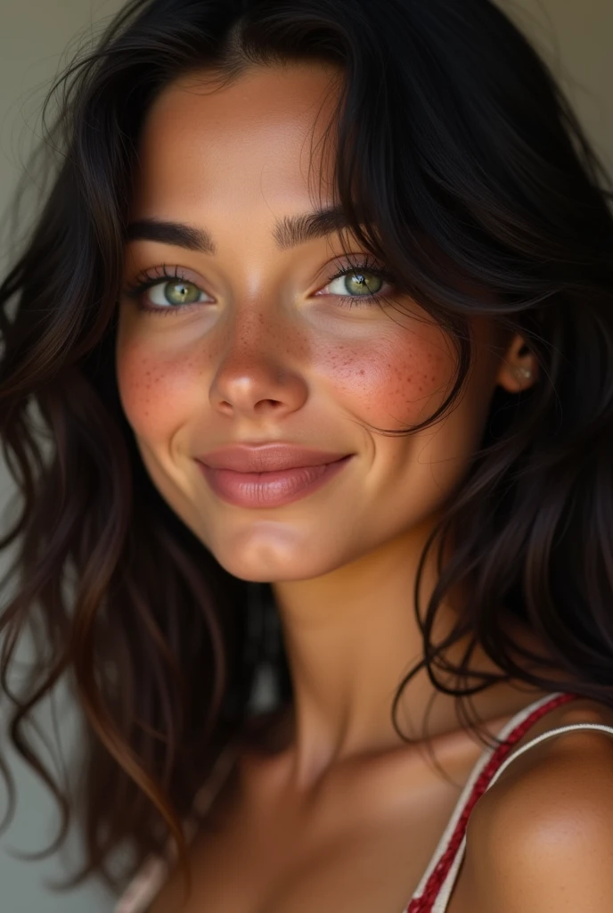 A woman of apparently 20 years old, with wavy black hair, a brown skin, clear green eyes, a dimpled smile, some freckles on her face