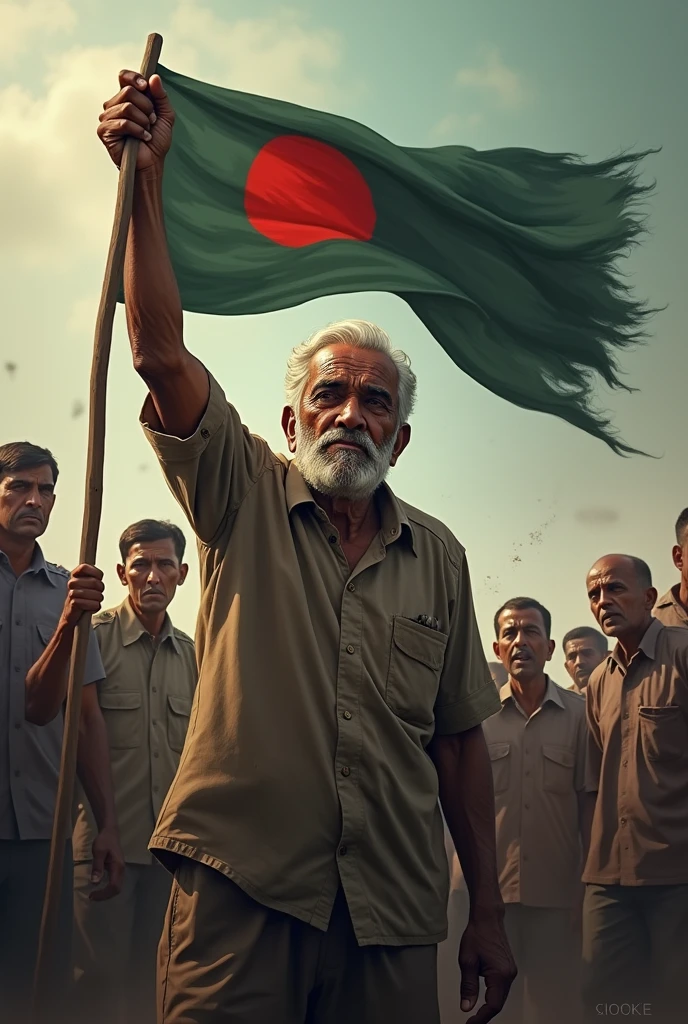 A 90 years man is Bangladeshi he stood still with a flag of his hand some people are crying 