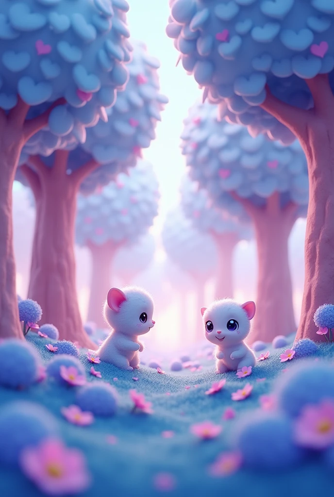 An animated scene set in an enchanted forest. The trees have heart-shaped leaves and pastel pink trunks.. The ground is covered with flowers of different shades of blue and purple.. The characters are small, fluffy creatures with big eyes and pointy ears.. All elements of the scene have soft, rounded contours.