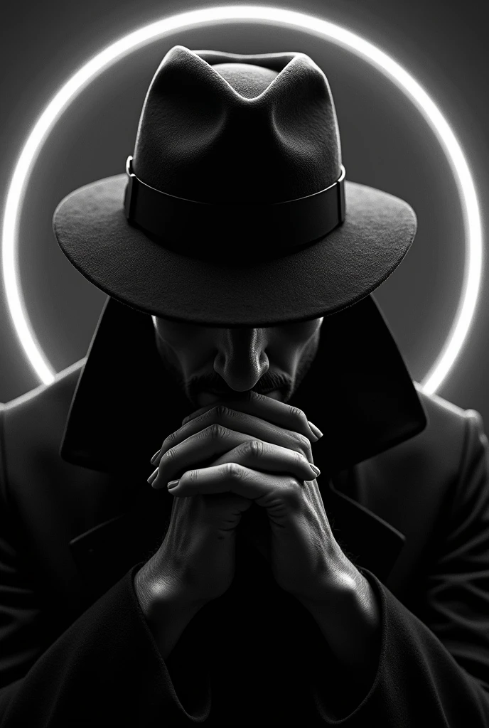 Semi realistic drawing of a Close shot of a Mistery detective man with a circle ornament frame surrounded him, front facing camera with head bowed, hidden face and both hands on his chin, in black and white