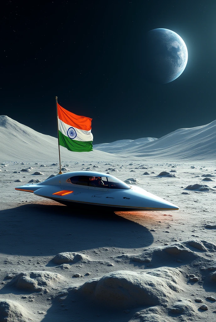 A futuristic spacecraft landing on the moon, with the Indian flag on the lunar surface and Earth visible in the background. Include a backdrop of Indian cultural elements like traditional patterns or landmarks