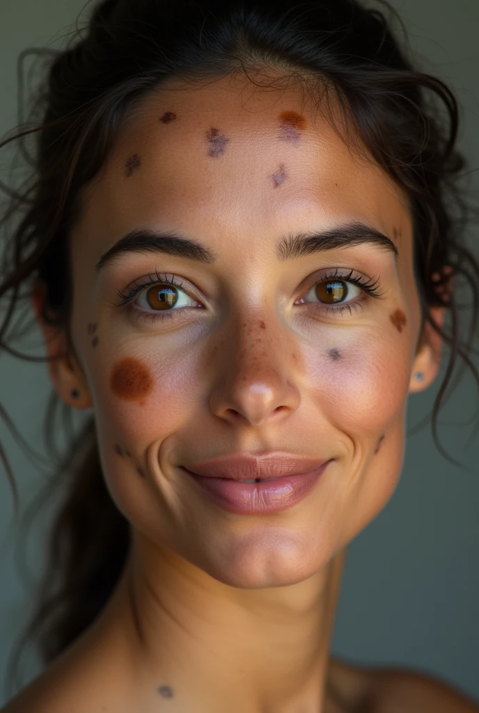 Create a photo of a 40-year-old woman with melasma spots on her face 