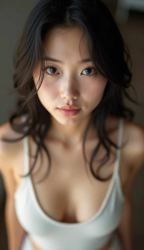 Realistic photo, 25 year old Japanese woman, Tank top, Looking at the camera and eroding the nipples, From above, Detailed face and body, Natural light, High resolutionolution, photoRealistic, (Highest quality,8k,High resolution,masterpiece:1.2),Very detailed,(Realistic, photoRealistic,photo-Realistic:1.37), Realistic skin texture, Detailed eyes, And lips, Beautifully detailed face, Long eyelashes, Smooth Skin, Natural body shape