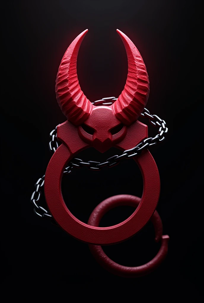 (logo design) evil logo, a striking red handcuff, adorned with sharp, menacing demon horns, and a sinuous chain tail extending from the base, dynamic and bold, emphasizing a dark theme, glossy finish, high-resolution, creating an impression of malevolence and power.