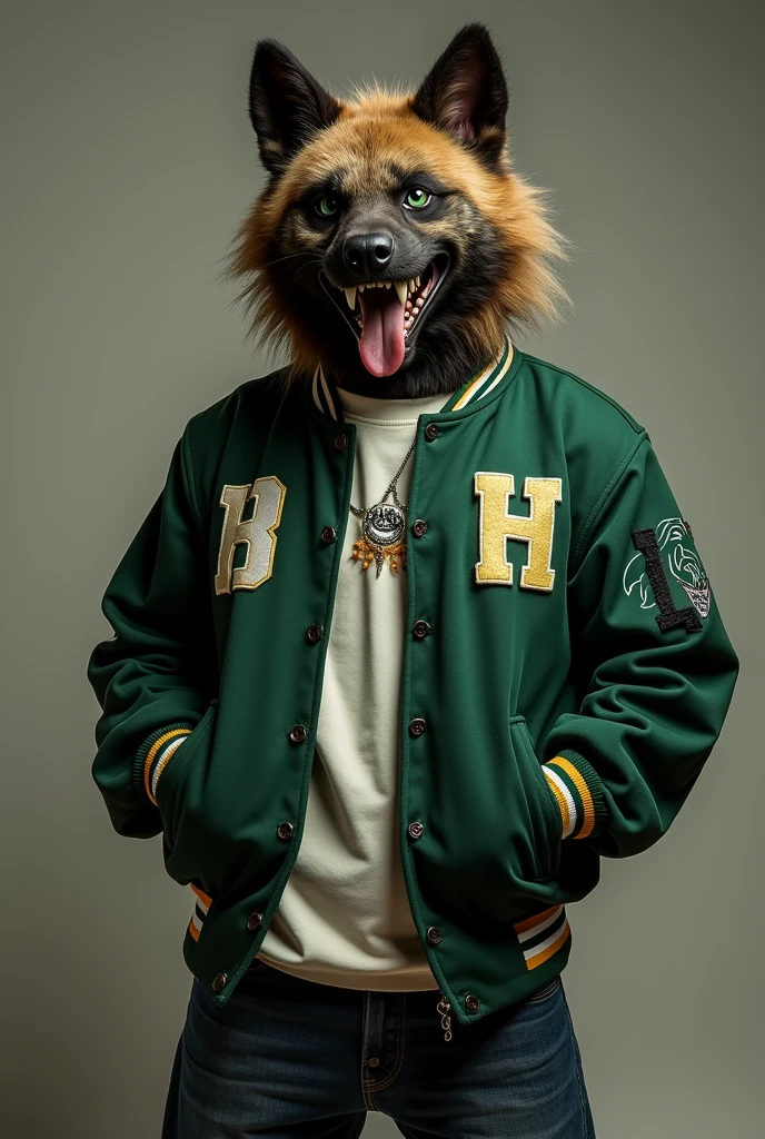 Hyena Furry, dark green letterman jacket, good quality, 16k, HD, snake tounge, sharp teeth, dark brown to black fur, green eyes with a slit like a snake, baggy jeans, male, Furry, man, slim, lean, young, striped, jock, spike collar