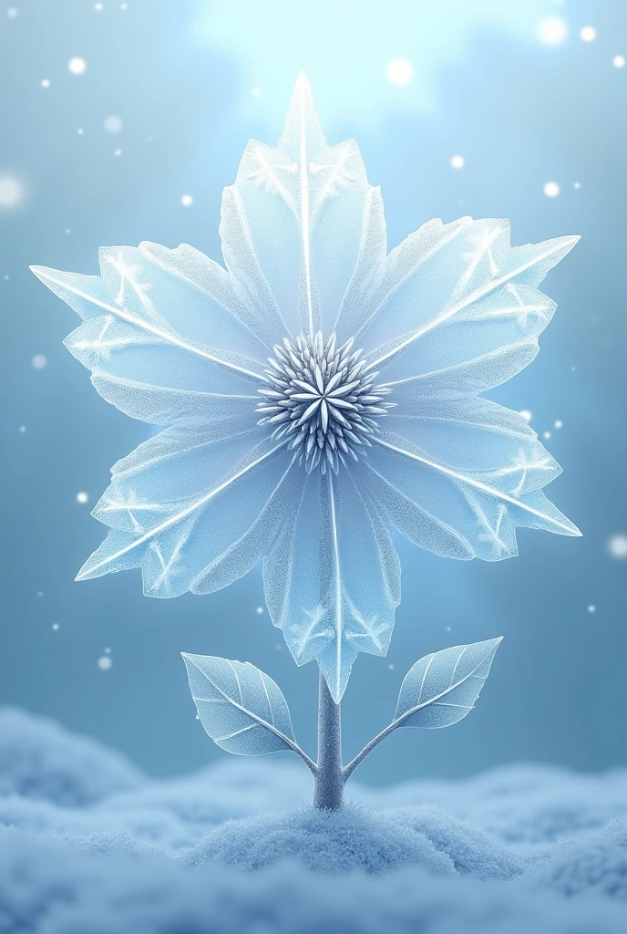 An illustration of a flower made out of snowflakes. The petals of the flower should resemble delicate, intricate snowflakes, with sharp and crystalline patterns. The center of the flower can be slightly raised and textured to resemble ice. The background should be a light, soft blue gradient, giving the impression of a cool, wintry atmosphere. The style should be elegant and detailed, suitable for packaging design.