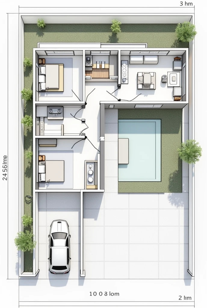 A plan of a house with 3 bedrooms and a kitchen with an open plan living room on a 10x20 meter plot with the house measuring 7 meters wide by 13 meters deep, with a leisure area behind the house with space for a small pool and a part with sinks and barbecue. One of the bedrooms has a suite. The house is two bathrooms, one in the suite and the other social. In front of the house there must be a space in the area to park the car..