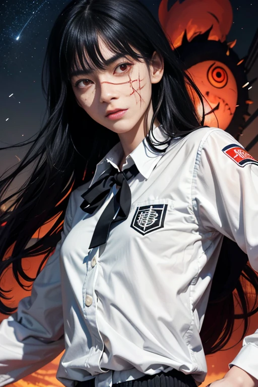 (night Mitaka)、uniform、(Big scar on face).Cool Beauty、Long black hair、Triumphant Face、skinny、From the waist up、(night)、(Red eyes).Chainsaw Man、(YoruMitaka)、(The image of the face remains the same).