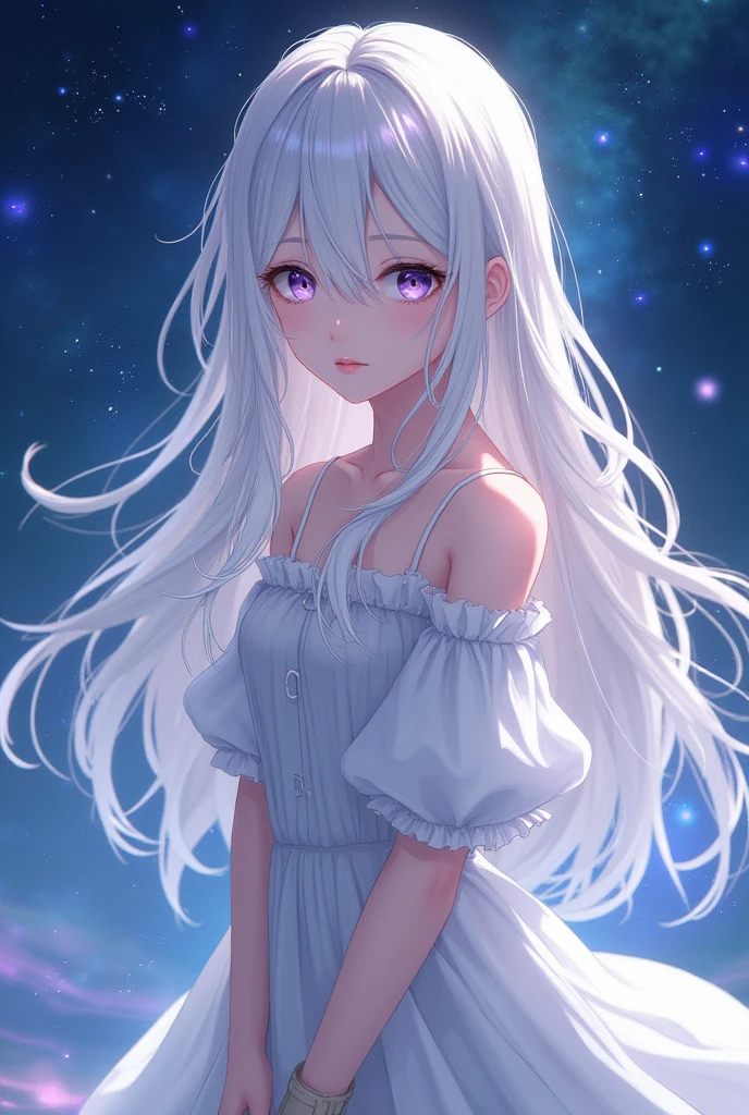 1girl, long loose wavy hair, white hair, blue eyes, purple eyes, surrounded by stars and constellations, simple white elegant dress, brown boots, detailed face, beautiful detailed eyes, beautiful detailed lips, extremely detailed eyes and face, long eyelashes, fantasy, high quality, 8k, photorealistic, cinematic lighting, volumetric lighting, dramatic lighting, intricate details, detailed fabric textures, masterpiece, (best quality,4k,8k,highres,masterpiece:1.2),ultra-detailed,(realistic,photorealistic,photo-realistic:1.37)
